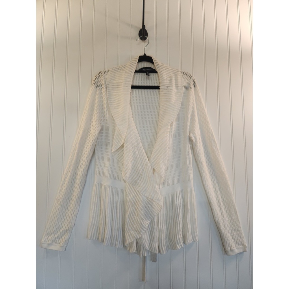 WHBM Women's White Sheer Knit Cropped Ruffle Collar Open Sweater Size M Flowy